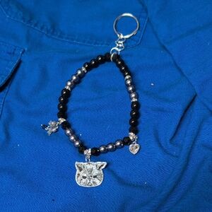 Silver and Black Cat Charm Keychain Grumpy Kitty